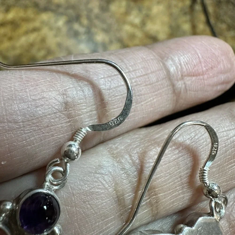 Navajo L Bennett Hook Dangle Earrings 1.75 Inch Spiny Amethyst 925 Sterling 9.1g